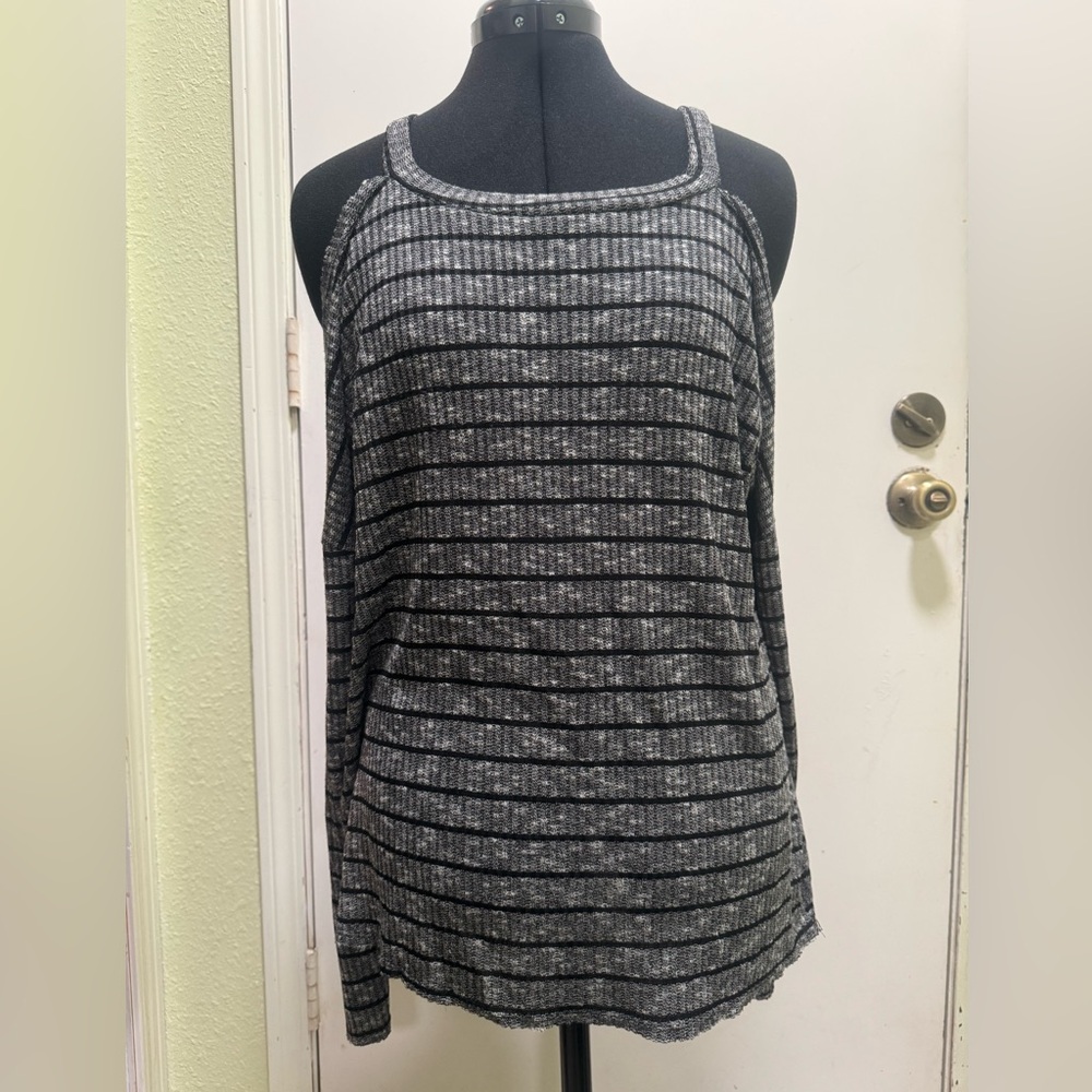 Chic Black and Gray Striped Women's Blouse L